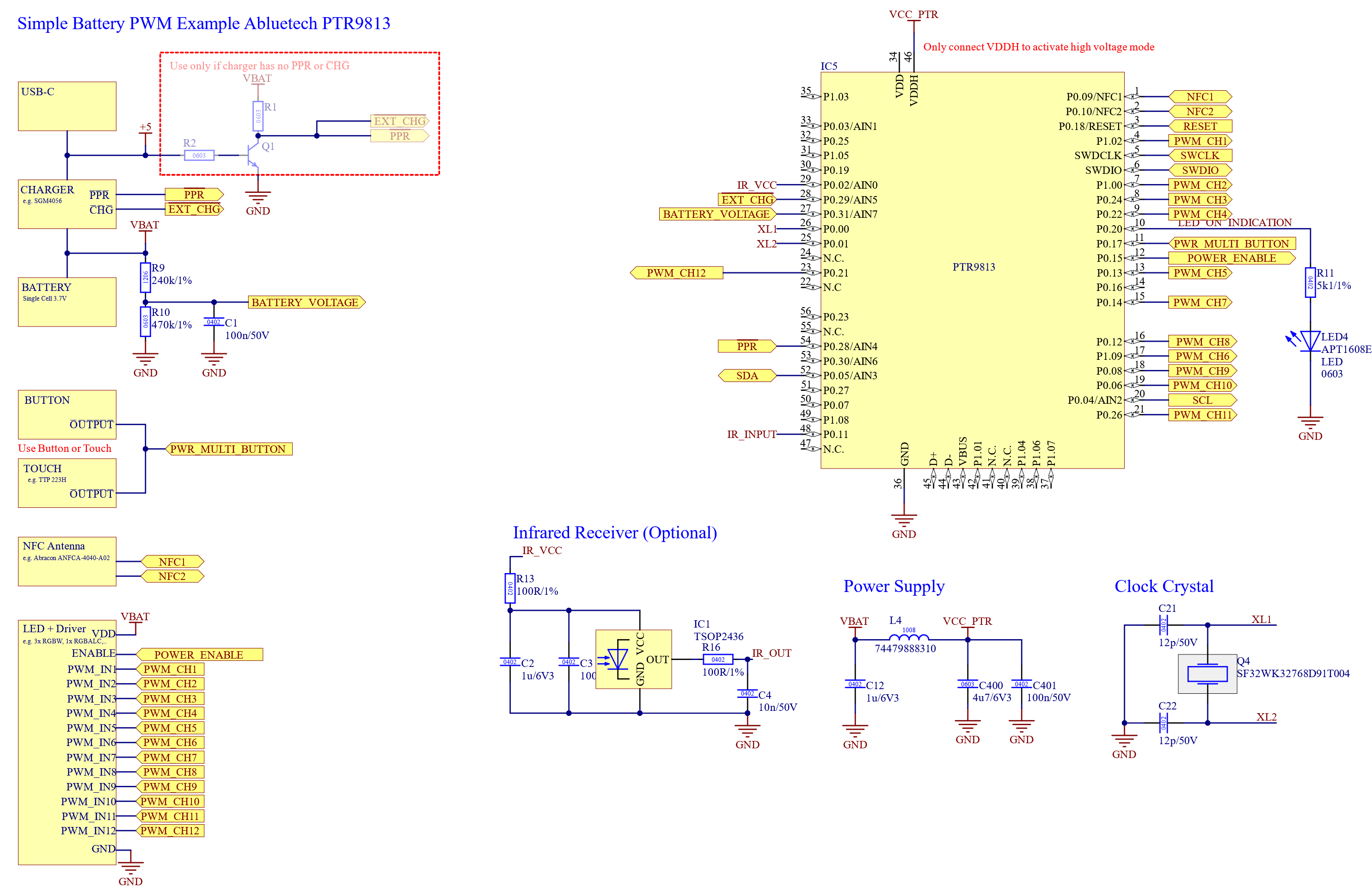 Core PWM hardware example using PTR9813 with battery charger and voltage measurement